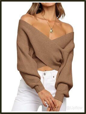 Off Shoulder Lantern Sleeve Ribbed Knit Wrap V Neck Cropped Sweater Slouchy